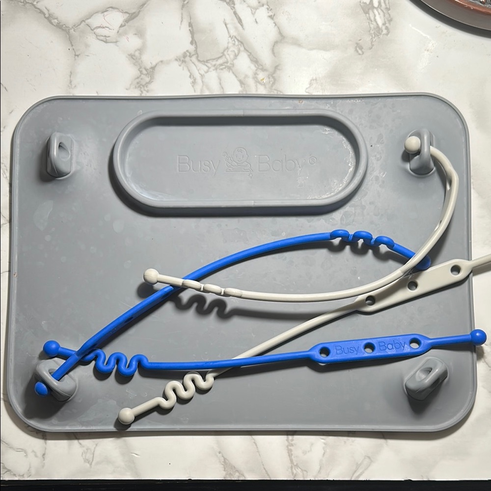 Busy Baby Gray Silicone Placemat with Blue and gray Toy straps